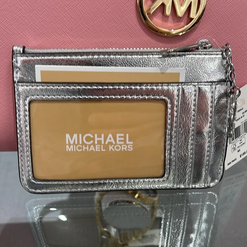 MICHAEL KORS Jet Set Travel Small Top Zip Coin Pouch With ID Silver NWT